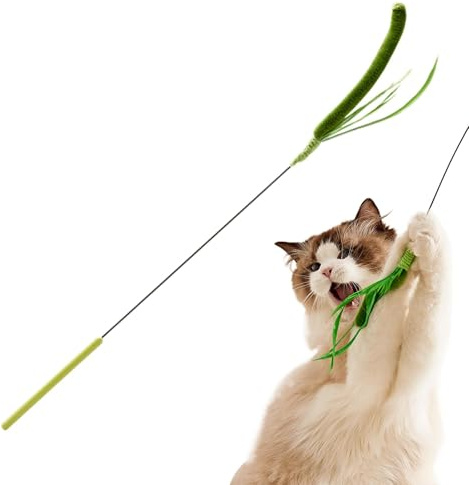 Ceprznvey Katzenstab-Spielzeug, realistische Setaria Katzen-Teaser, Federstab mit Kunstrasen-Plüsch, körperliches Trainingsspielzeug, engagierendes für Katzen, 19,69 Zoll, Grün/Gelb, 1 Stück
