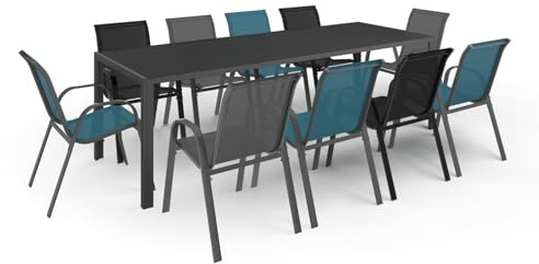 IDMarket - Salon de Jardin Madrid Table 240 cm et 10 chaises empilables | Coloris mix color bleu, gris et noir
