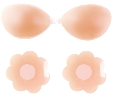 DiiWmme Klebe BH Invisible Bra Strapless Push Up Ultradünner,Wiederverwendbarer Silikon-BH mit Floralen Nippelpatches Geeignet für Abendkleider,Hochzeitskleider Neckholder Träger,Rückenfreies Design