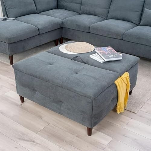 Panana Large Square Storage Ottoman with Lift Top Tufted Upholstered Ottoman Coffee Table, Oversized Ottomans with Storage Toy Box for Living Room 35 D x 35 W x 16 H (Without wood, Gray Linen)