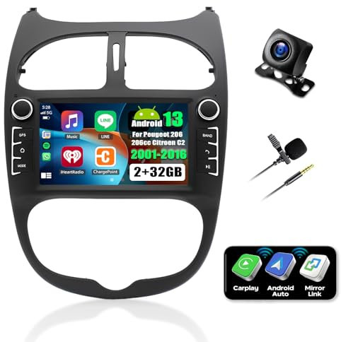 Android13 2G+32G Radio de Coche para Peugeot 206 Citroen C2 2001-2016 con Carplay inalámbrico Android Auto, 7 Pulgadas 2 DIN Autoradio con GPS WiFi Bluetooth Mirror Link FM/RDS EQ SWC+Cámara Trasera