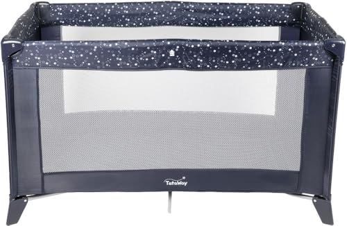 Tataway Lettino da Viaggio Happy Star Blu, Box Lettino Bambinii fino a 15kg, Lettino da Campeggio Pieghevole e Compatto Peso 7,8Kg, Box Bambini Ampia Ventilazione con Materassino incluso
