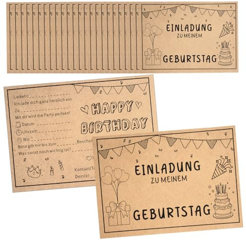 Tikplus 20 Stück Einladungskarten Kindergeburtstag, Kraftpapier Einladungskarten Geburtstag, Party Einladungen für DIY, Geburtstagseinladungen Blanko, für Schulkind, Kinder