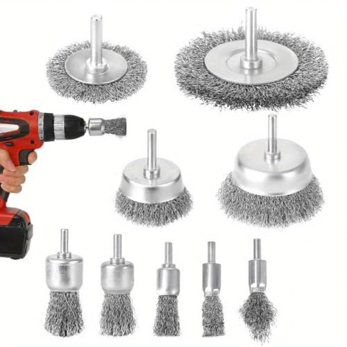 Lot de 9 brosses métalliques pour perceuse, tige ronde de 6 mm, brosses en fil d'acier pour enlever la rouille et la peinture, travail du bois
