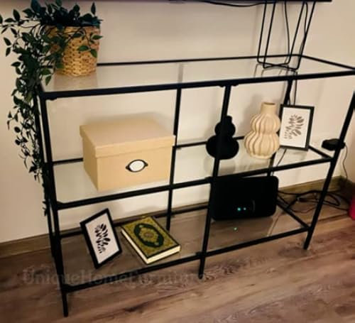 Table console moderne en métal et verre au design étroit avec étagères pour couloir, buffet contemporain pour grandes pièces