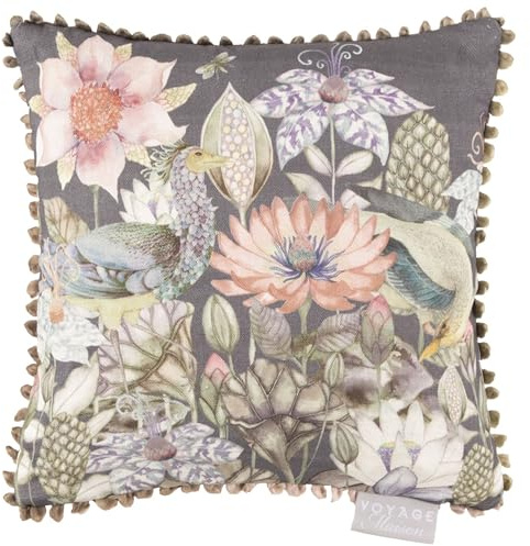 Voyage Maison Garuda Feather Filled Cushion – Loop Edge Trim Floral Birds Decorative Pillow (Amethyst - 30x30cm)