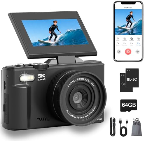 5K Digital Camera with 64GB Card, 75MP WiFi Point & Shoot Vlogging Camera | 180° Flip Screen, Autofocus, 18X Zoom, 64GB Card, 2 Batteries, Compact Portable for Beginner Teens Student Kids Girls