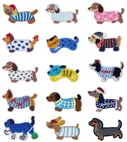 TAKONE Bügel Patches Kinder Dackel Aufnäher zum Aufbügeln Kleidung Jeans | 15 Stück, Dackel Motive, bestickt, Schmelzkleber, aufbügelbar, Kleidung & Jeans, Rucksack DIY