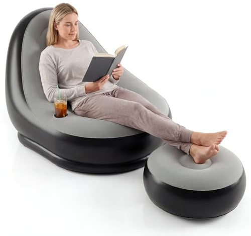 GOPLUS Aufblasbares Sofa mit Ottomane, beflocktes Luftsofa mit Getränkehalter & Reparaturflicken, tragbares Bodensofa für Innen und Außen, Sessel für Camping & Gaming