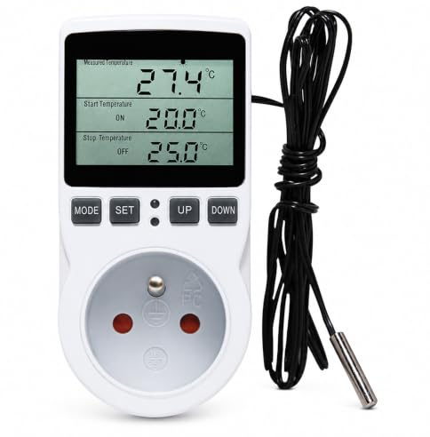 JYQOQH Prise Thermostat, 220V Regulateur Température Numérique, Thermostat Prise Thermostat avec Sonde, pour Serre, Aquarium, Couveuse (Prise FR)