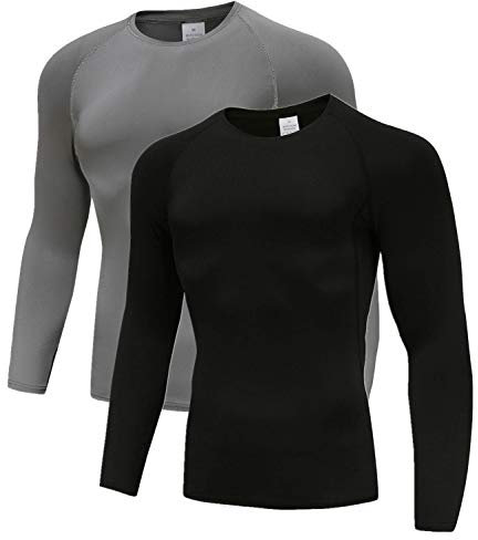 Holure Mens 2 Pack Base Layers Tops, Long Sleeve Gym Running Workout T Shirts for Men Black/Grey02-M