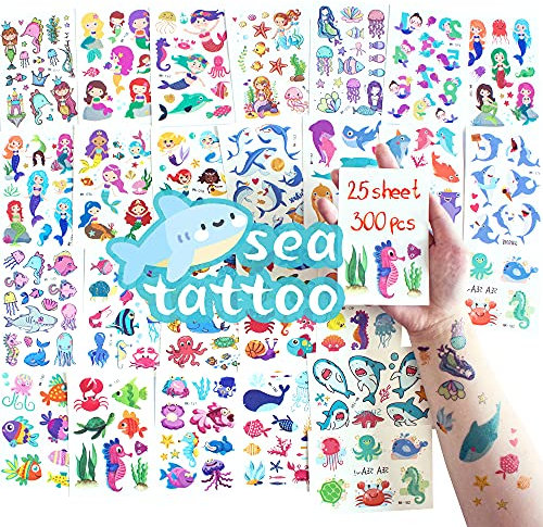 300 Stücke Meer Tiere Stickers für Kinder Meerjungfrau Temporäre Tattoos Set,Wasserfest Tattoo Aufkleber für Kinder Aufkleber Sticker für Mädchen Kindergeburtstag Party Geschenke,Kinder Tattoo Set