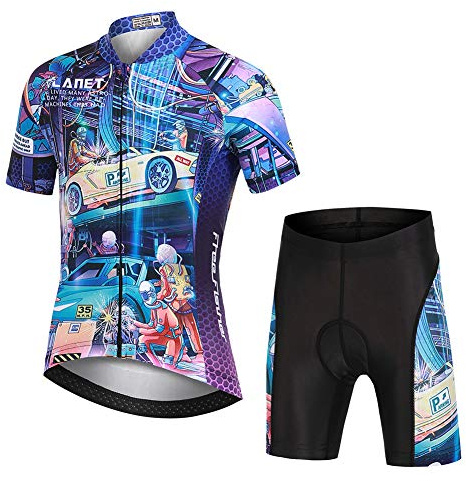 YFPICO Maillot Vélo Manches Courtes et Cuissard Cycliste VTT 3D Coussin Rembourré Tenue Cyclisme Confort Enfant Garçon Fille, Bleu, 15-16 Ans / 3XL