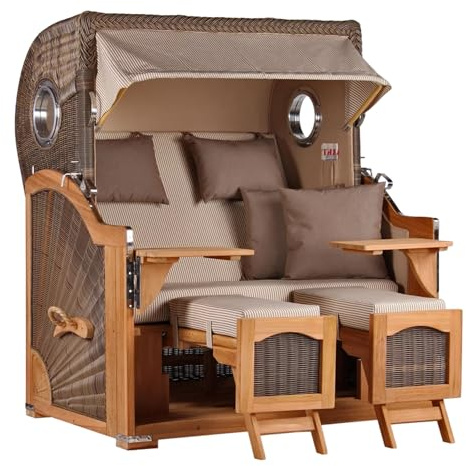 MR. DEKO® Strandkorb Düne Grande XL 2,5-Sitzer Teak | PE Geflecht Grey - Dessin 510 | Volllieger Strandstuhl mit Bullauge inkl. 2 Fußablagen | je 2 Kissen und Nackenkissen | Strandkörbe aus Teakholz