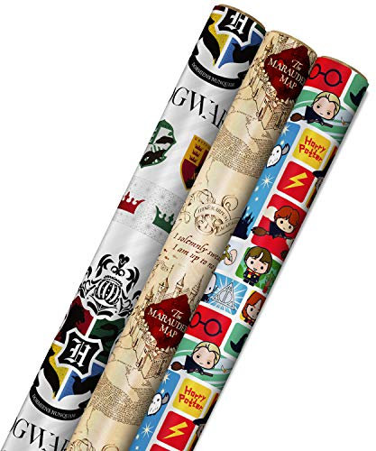 Hallmark 0005EWR2958 Harry Potter Lot de 3 rouleaux de papier cadeau avec lignes de coupe au verso Motif carte du maraudeur Rouge Bleu