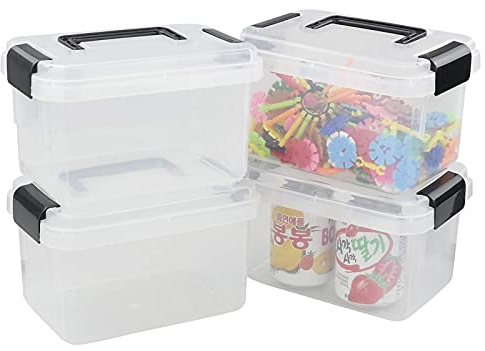 Gitany 4-pack Mini Clear Storage Boxes with Lids, 2 Liter Plastic Boxes Containers with Handles