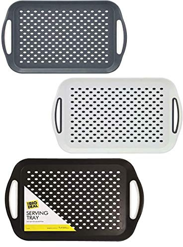 SKYTE® 2X Set of Anti-Slip Rectangular Non-Slip Top and Bottom Plastic Dinner/Drinks Serving Tray with High Grip Rubber Surface, Easy Grip Handles Black, Grey & White Random Colour