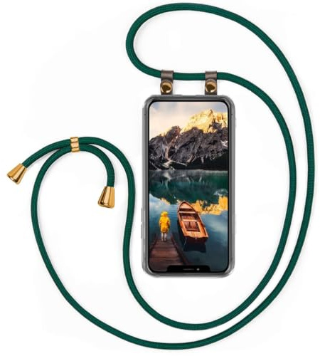 moex Handykette für iPhone 12 Pro Max Hülle mit Band abnehmbar, Handyhülle mit Kette zum Umhängen, Handyband 155 cm lang Stoff Kordel Umhängehülle, Handy Umhängeband, Grün