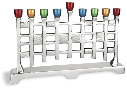 Aviv Judaica Chanukkah Wall of Freedom Menora Aluminium-Menora mit eloxierten Bechern, künstlerisch eloxiertes Chanukkia, passend für Standard-Chanukah-Kerzen, moderner Chanukah-Kerzenhalter