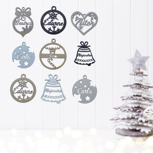 Personalisierte, dekorative Kugeln für Weihnachten aus Holz. Ornament, Weihnachtsdekoration, Holzkugeln mit Namen, Weihnachtsbaumkugeln (Packung mit 2 Stück, Glockenmotiv)
