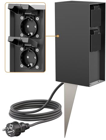 ledscom.de Garten-Steckdosen-Säule POMI mit Erdspieß und 2m Kabel für außen, IP44, 4-Fach, anthrazit, eckig, 23cm