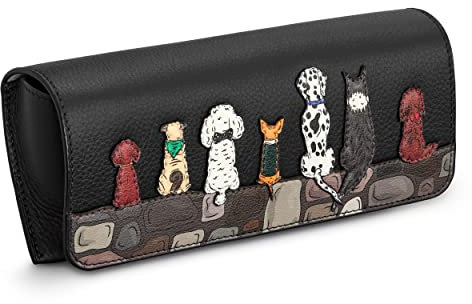 Yoshi Custodia per occhiali in pelle corteccia, custodia per occhiali da sole, patta sopra, pelle nera, tema cane, Nero , Taglia unica