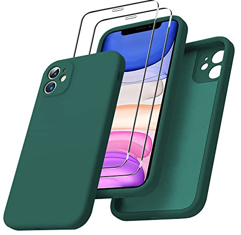 Coque pour iPhone 11(2019) 6,1” avec 2 Pièces Protection écran en Verre Trempé,Silicone Liquide Anti-Choc Étui Housse Doublure en Microfibre Douce Anti-Rayures Bumper Case pour iPhone11,Vert Foncé