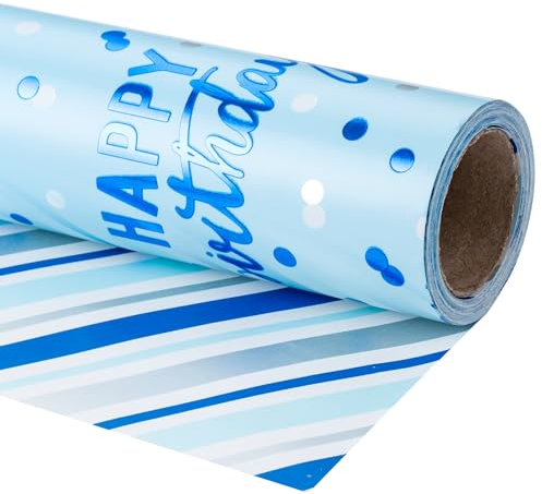 LeZakaa Wendbare blaue Geburtstags-Geschenkpapierrolle für Jungen und Herren, Happy Birthday Schriftzug & Streifenmuster mit Metallic-Folie in Blau, Mini-Rolle, 43,2 cm x 32,8 Fuß (46,45 sq.ft)