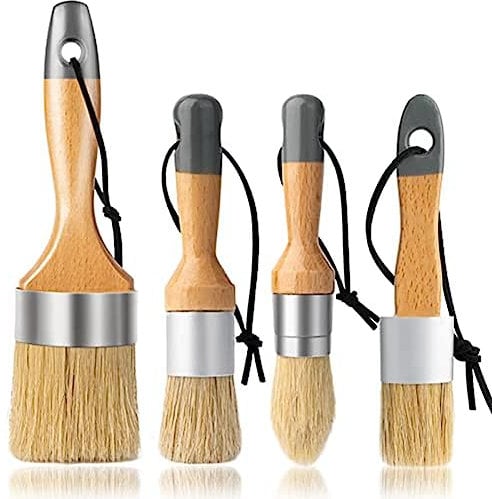 Myqqhbs 4 Stück Kreide- und Wachspinsel für Möbel, Kleiner Runder Ovaler Pinsel mit Naturborsten zum Malen oder Wachsen