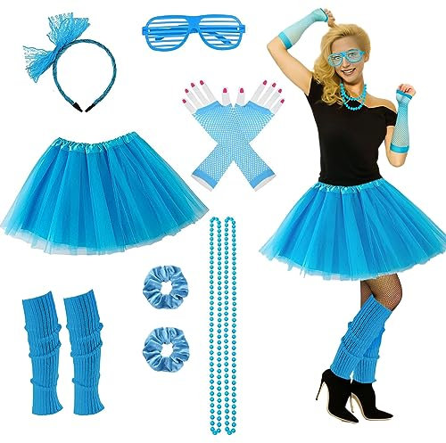 80s Outfit For Women Party 80's Accessories 7pc 70s 90s 1980s Costumes with Blue Tutu Neon Leg Warmers 80s Neon Scrunchies Gloves Necklace Shutter Glass for Cosplay Theme Party
