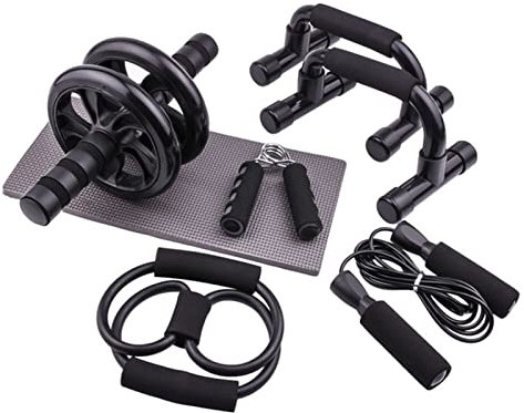 FrEshn Abs Rad 7pcs Ab Rad Roller Jump Seil Widerstand Band Push Up Stand Handgriff mit Kniescheiben Home Fitness Muskel -Training Bauchrad Trainer (Size : Black)
