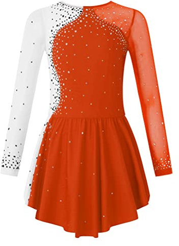 Aislor Tanzkleid Mädchen Pailletten Eiskunstlauf Kleid Kinder Langarm Ballettkleid Tanztrikot mit Rock Kleider Gymnastikanzug Wettbewerb Tanz Kostüme W Orange 110-116