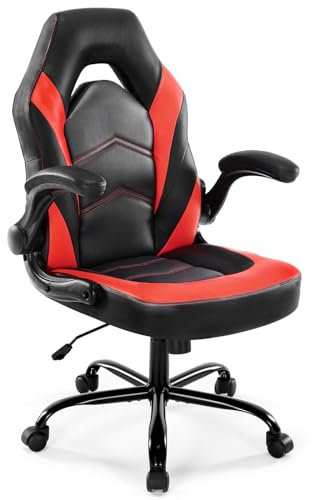 DUMOS Gaming Stuhl - Ergonomischer Gaming Sessel, Verstellbarer Drehbarer Gamingstuhl aus PU-Leder mit klappbaren Armlehnen, Geeignet für Zuhause, Büros usw(Schwarz-Rot)