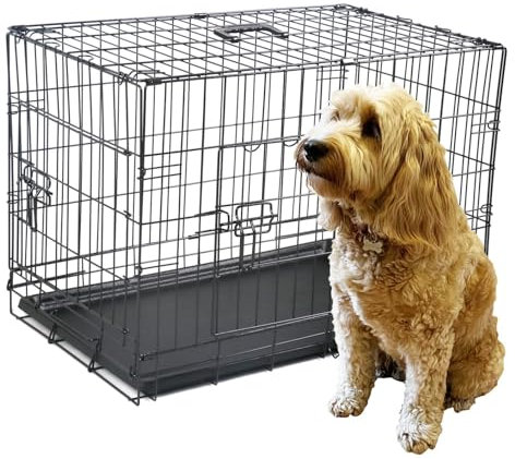 ZYBUX - 30-inch Dog Cage Crate – Heavy Duty Black Metal Folding Crate with 2 Doors (Front & Side), Chew-Resistant Plastic Base Tray, and Carrier Handle (76cm L x 46cm W x 52cm H)