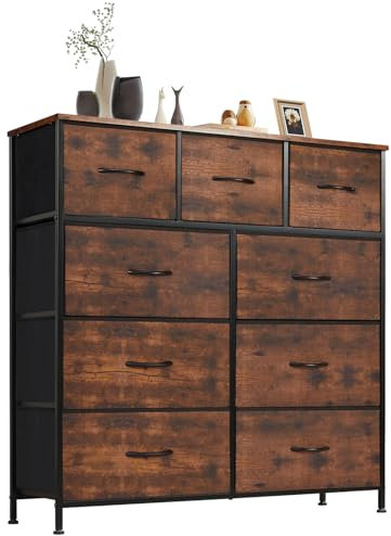 Sweetcrispy Kommode für Schlafzimmer mit 9 Stoffschubladen, hoher Truhenaufbewahrungsturm, Organizer-Einheiten für Kleiderschrank, Kinderzimmermöbel, Stahlrahmen, Holzplatte, leicht, schnell