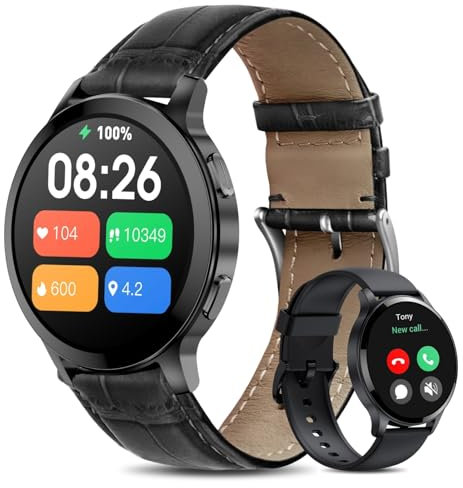 HOAIYO Smartwatch Herren Damen mit Telefonfunktion, 1.5 Fitnessuhr Armbanduhren Sportuhr mit Pulsmesser, Musiksteuerung, Schrittzähler, Wasserdicht Fitness Tracker (Schwarz/Leder, 1.5)