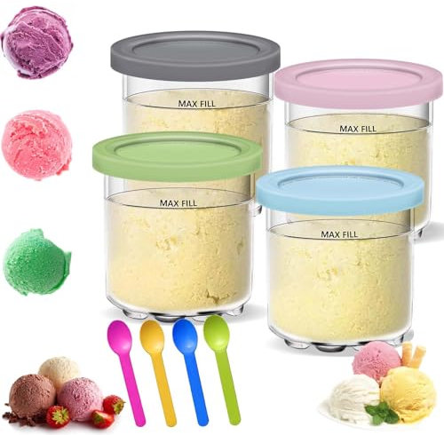 4er-Set Creami Behälter für die Ninja Creami Eismaschine, Ice Cream Pints Beche mit 4Pcs Bunte Löffel,Eisbehälter für Speiseeis,Creami Tubs,Ninja Eisbehälter für NC301 NC300 NC299AMZ-Serie
