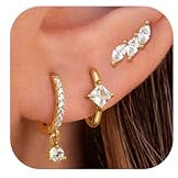 JeweBella 3 Paar Ohrringe Silber 925 für Damen Mädchen - 14K Vergoldet Ohrstecker, Kleine Creolen Gold, Hypoallergen Hängend Zirkonia Schmetterling Set für Mehrere Piercings