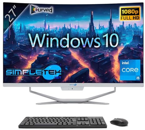 SIMPLETEK All in One AiO 27” FHD Curvo Windows 10 Core i5 fino 3.8GHz 4GB RAM SSD 120GB+ Mouse Tastiera Wireless inclusi Webcam PC Gaming Curved Streaming Casa Lavoro Computer per Ragazzi