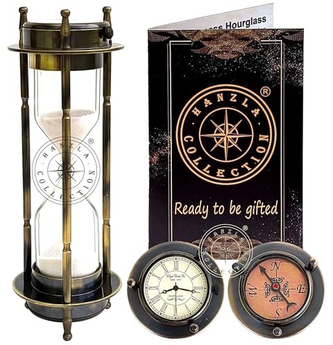 Sablier en laiton avec boussole nautique et horloge de bureau vintage en verre et métal - Sablier décoratif pour cadeau et décoration de bureau (noir antique avec sable blanc)