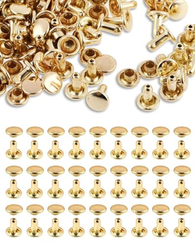 TPZORJX 100 juegos de remaches cuero con tapa redonda - Remaches doble tapa de 6 mm Remaches tubulares Remaches metal rápidos para costura, manualidades en cuero, proyectos bricolaje (dorado)