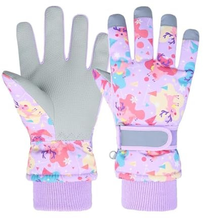 FAYHIJUN Handschuhe Kinder Winter schneehandschuhe Skihandschuhe für 1-13 Jahre Mädchen Jungen PU Palme Wasserdicht Winddichte Warm Fleece Winterhandschuhe Fahrradhandschuhe (Elchhirsch-Lila, XS)