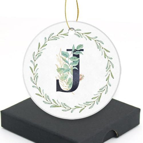Handcrafted Initial Letter Keepsake Ornament, Letter J Round Ceramic Ornament for Christmas Tree Decoration, Gifts for Family Friend Women Wedding Anniversary