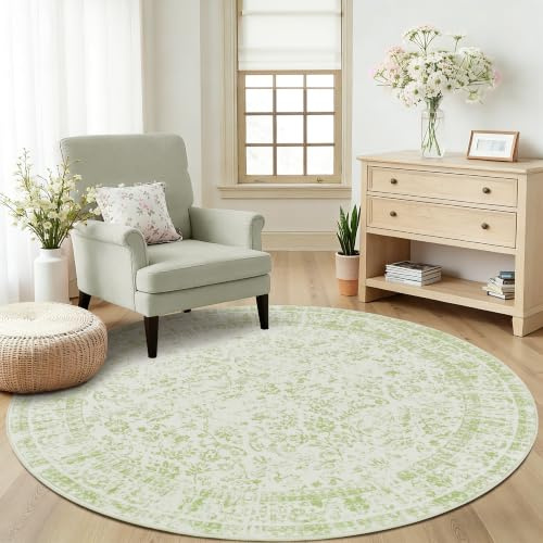 BILEEHOME Runder Vintage-Teppich für Küche, Wohnzimmer, Schlafzimmer, Esszimmer, 1,52 m, für den Innenbereich, Blumendruck, Salbeigrün, Kreisteppich, 152 cm