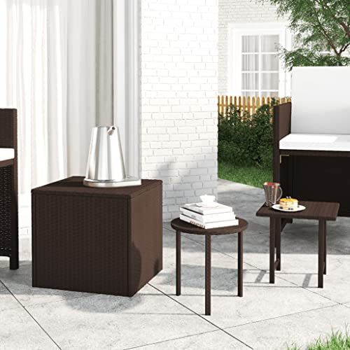 Sufrk Gartentische 3 Stück braun aus Polyrattan, Beistelltisch aus Polyrattan, Tischplatte aus Holz, niedriger Gartentisch