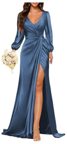 YIANN Dusty Blue Bridesmaid Dresses with Slit Satin Long Sleeve Formal Dress Mermaid Evening Party Gowns UK8