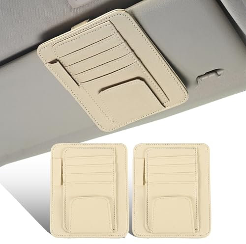 Mtsooning 2 Stück Auto Sonnenblende Organizer, Multifunktionaler Leder Aufbewahrungsclip für Sonnenbrillenhalter, Visor Organizer für Karten (Beige)