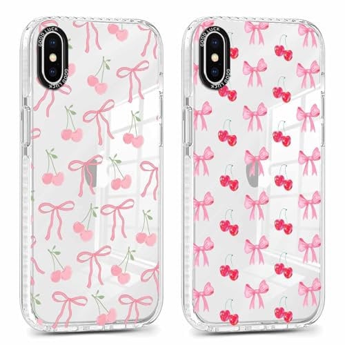 Phoona 2 packs Phone Case for iPhone X 5,8'', Cute Clear Transparent Cover with Bow Cherries Pattern Aesthetics Design, Soft Shockproof Protective Slim Funda for Women Girls