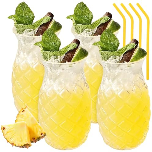 Lot de 4 verres à cocktail de 480 ml : verres à ananas avec 4 pailles, verres à cocktail transparents avec relief ananas, verres à cocktail pour la famille, le camping, le bar