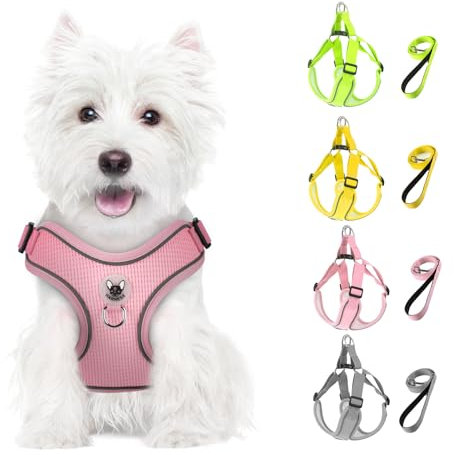 Feycig Hundegeschirr Kleine Hunde, Anti Zug Einstellbar Reflektierend Geschirr, Atmungsaktiv Weiches aus Mesh Geschirr Hund Leichtes Welpengeschirr Brustgeschirr mit Griff (Rosa, Medium)